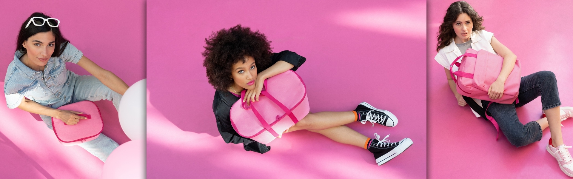 Drei Frauen mit pinken Taschen auf pinkem Hintergrund