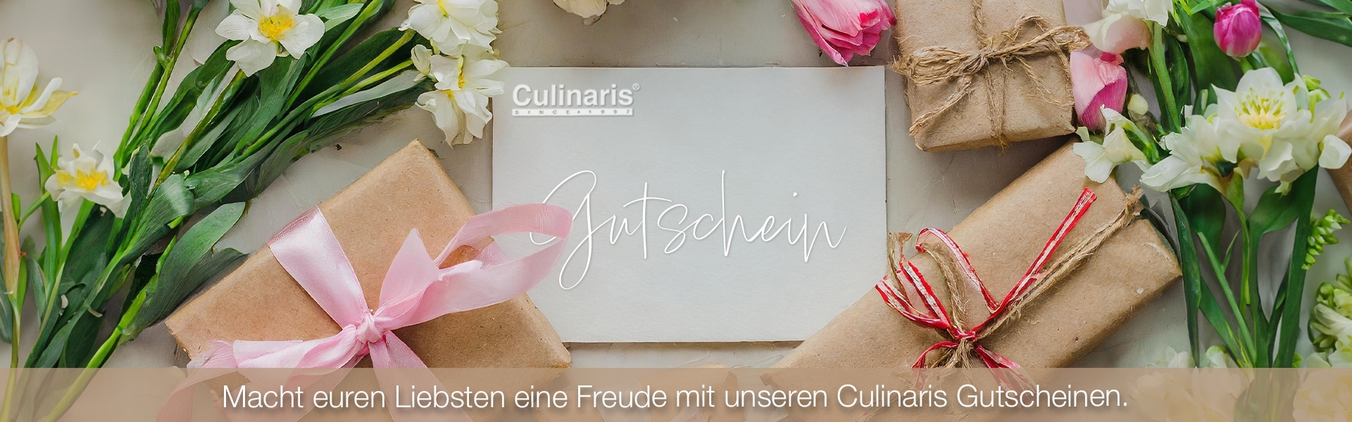 Culinaris Gutschein mit Geschenkboxen und Blumen