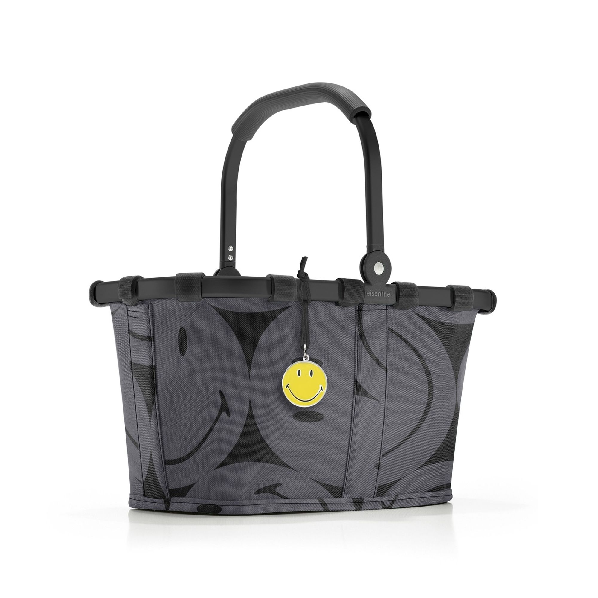 Faltbarer grauer Einkaufskorb mit Smiley-Anhänger