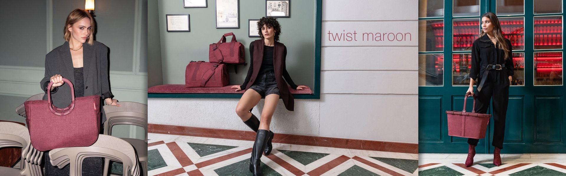 Drei Frauen mit twist maroon Taschen in verschiedenen Outfit
