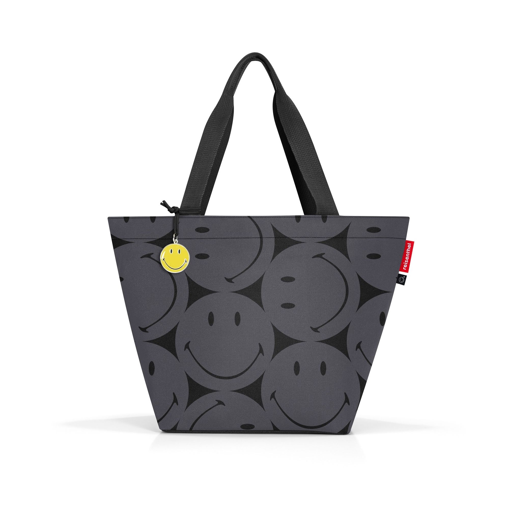 Graue Tasche mit schwarzen Smileys Muster und gelbem Anhänge