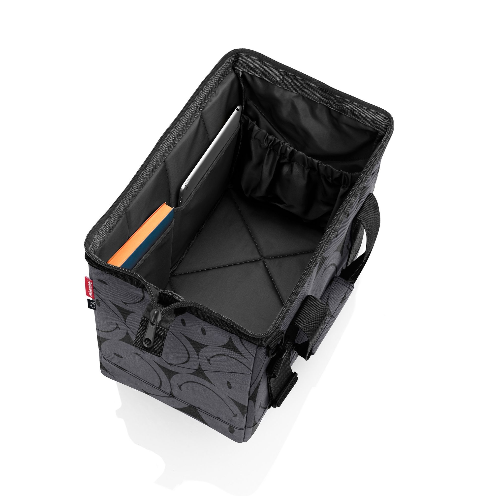 Offene faltbare Tasche mit Innentaschen und Büchern