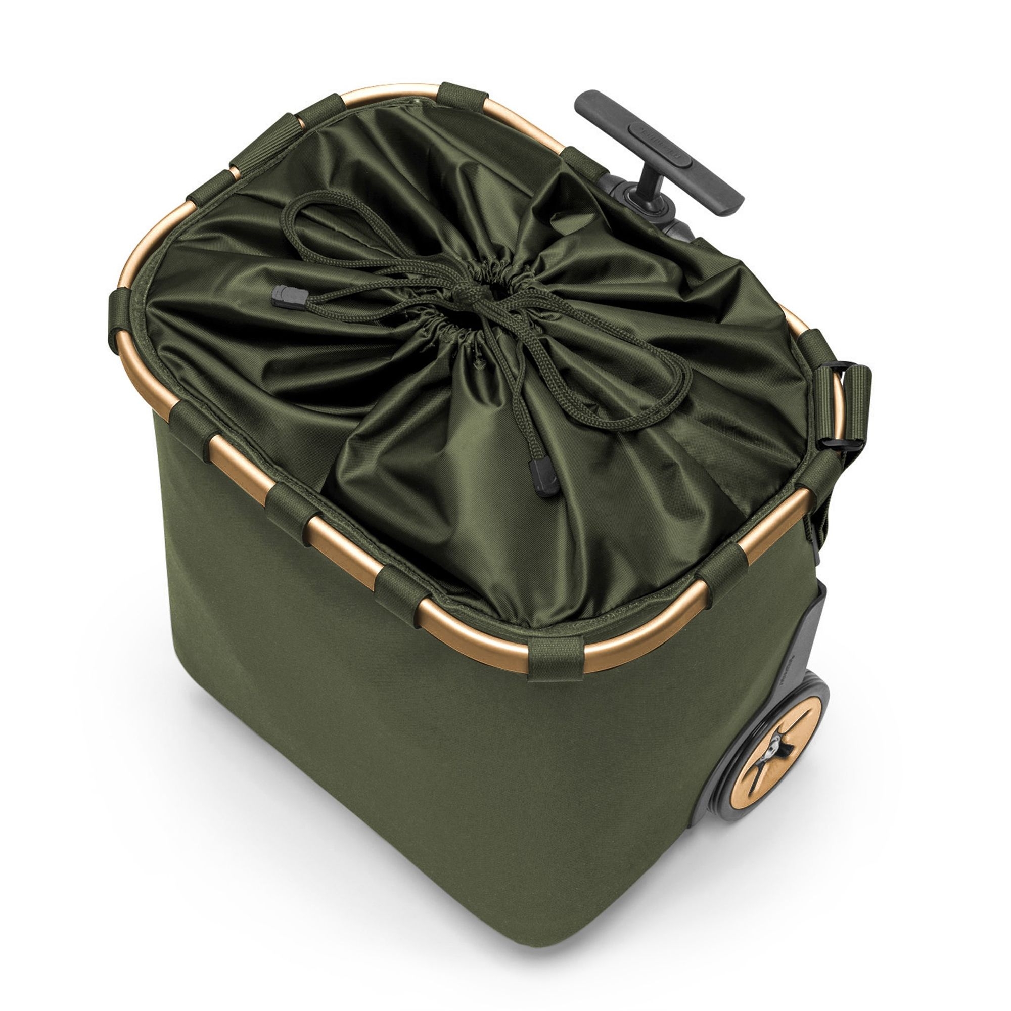 Olivgrüner Einkaufsroller mit Deckel und stabilen Rollen